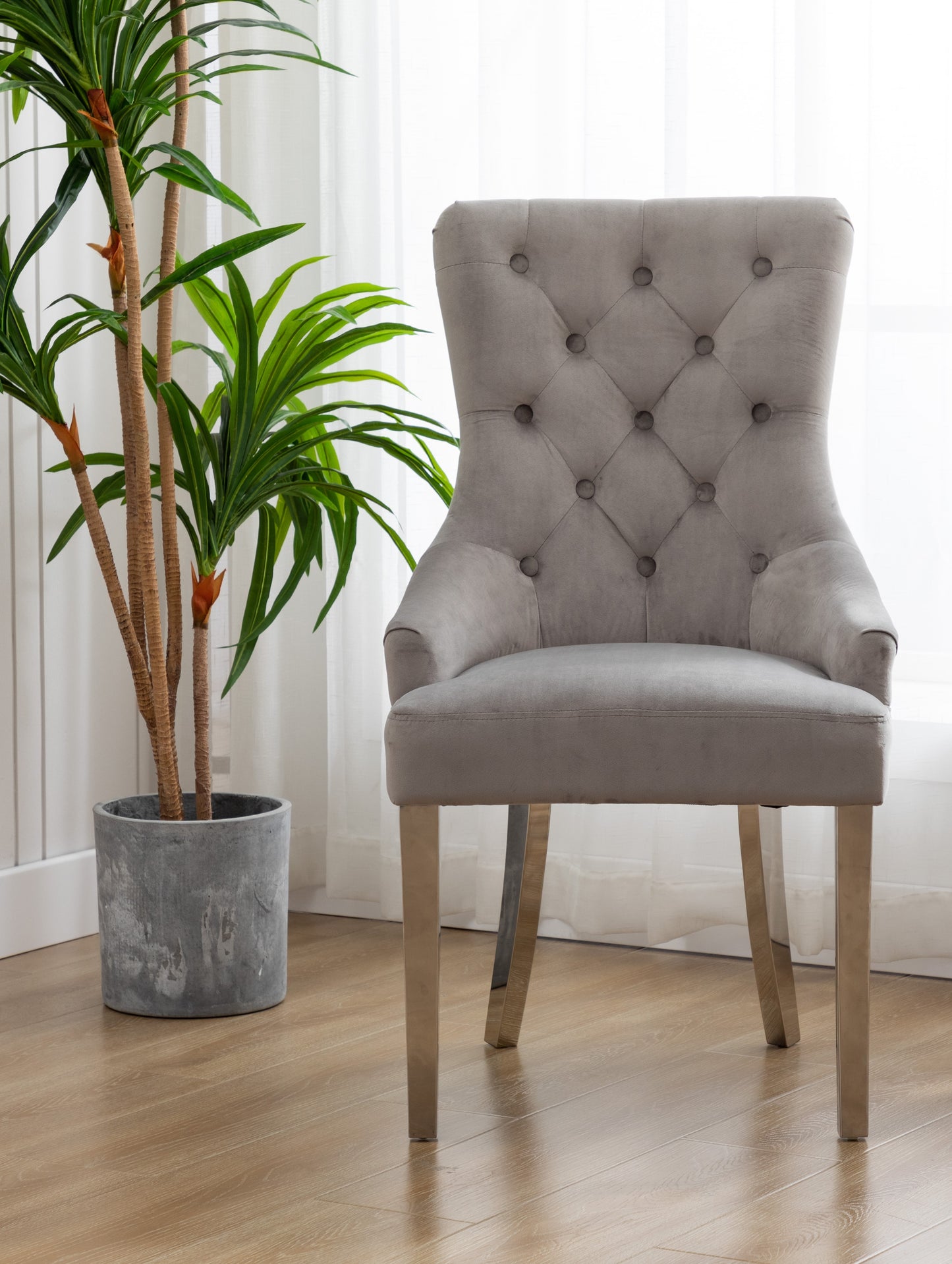 High Back Velvet Gray Tufted Upholstered Dining Chairs with Stainless steel legs - Set of 2