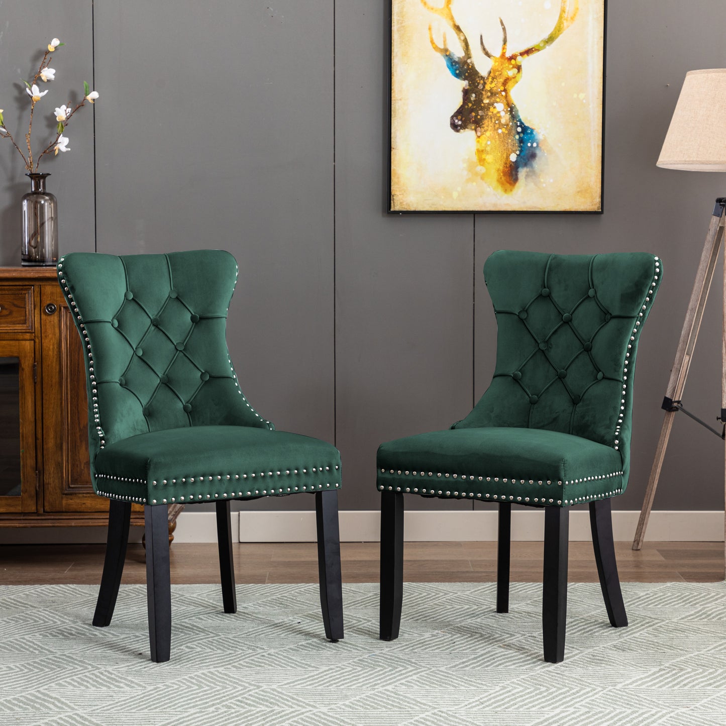BTExpert Green High Back Velvet Tufted Upholstery, Wood Accent Nail Trim Ring Leisure Dining Chair