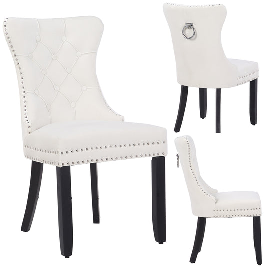 BTExpert White High Back Velvet Tufted Upholstered Dining Chairs, Solid Wood, Nail Trim, Ring Accent - Set of 2