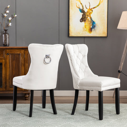 BTExpert White High Back Velvet Tufted Upholstery, Solid Wood Nail Trim, Ring Dining Chair