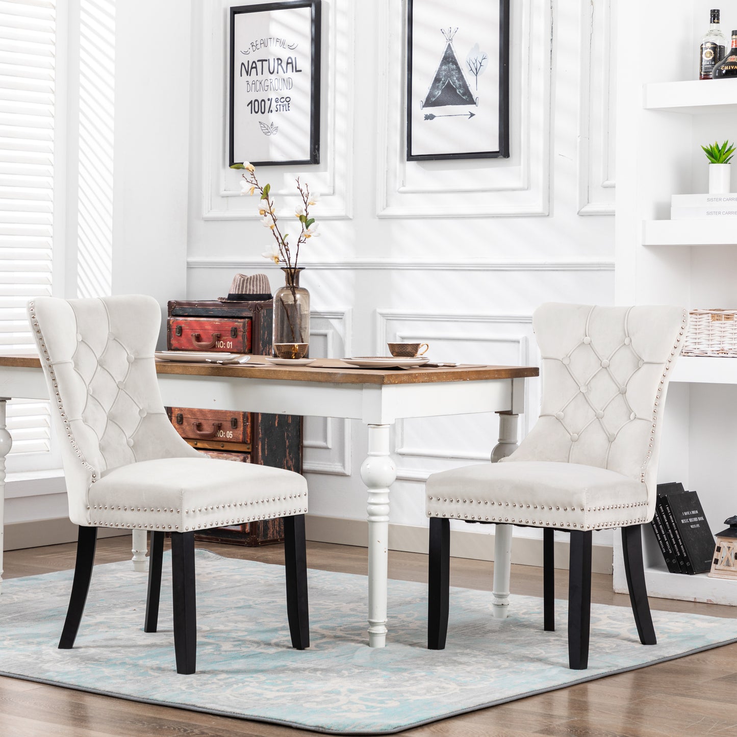 BTExpert White High Back Velvet Tufted Upholstery, Solid Wood Nail Trim, Ring Dining Chair