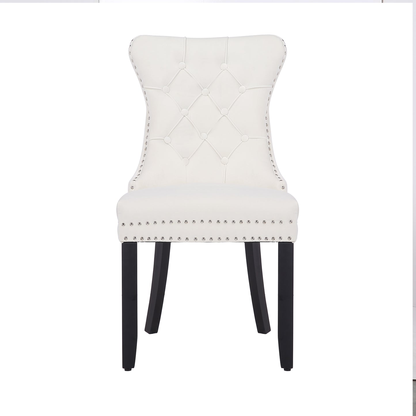BTExpert White High Back Velvet Tufted Upholstery, Solid Wood Nail Trim, Ring Dining Chair