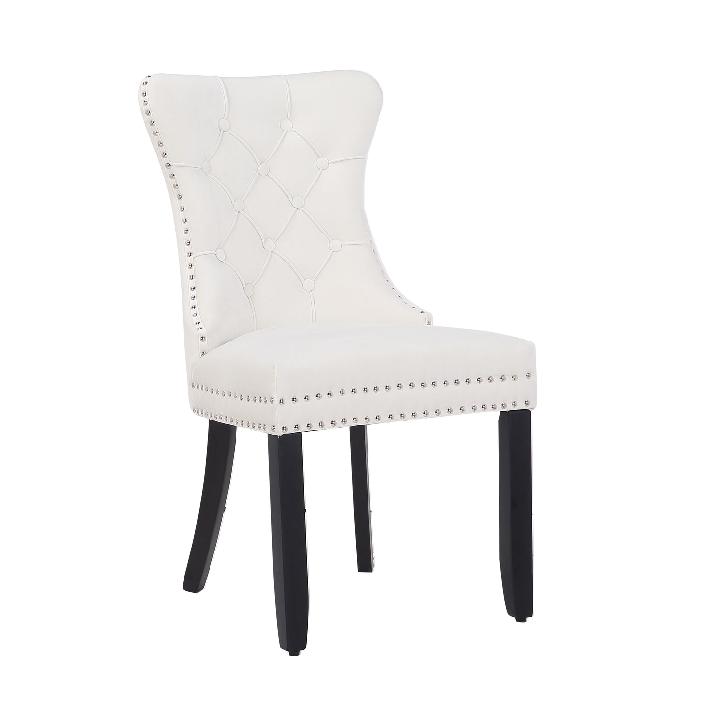 BTExpert White High Back Velvet Tufted Upholstered Dining Chairs, Solid Wood, Nail Trim, Ring Accent - Set of 2