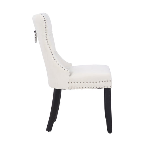 BTExpert White High Back Velvet Tufted Upholstered Dining Chairs, Solid Wood, Nail Trim, Ring Accent - Set of 2