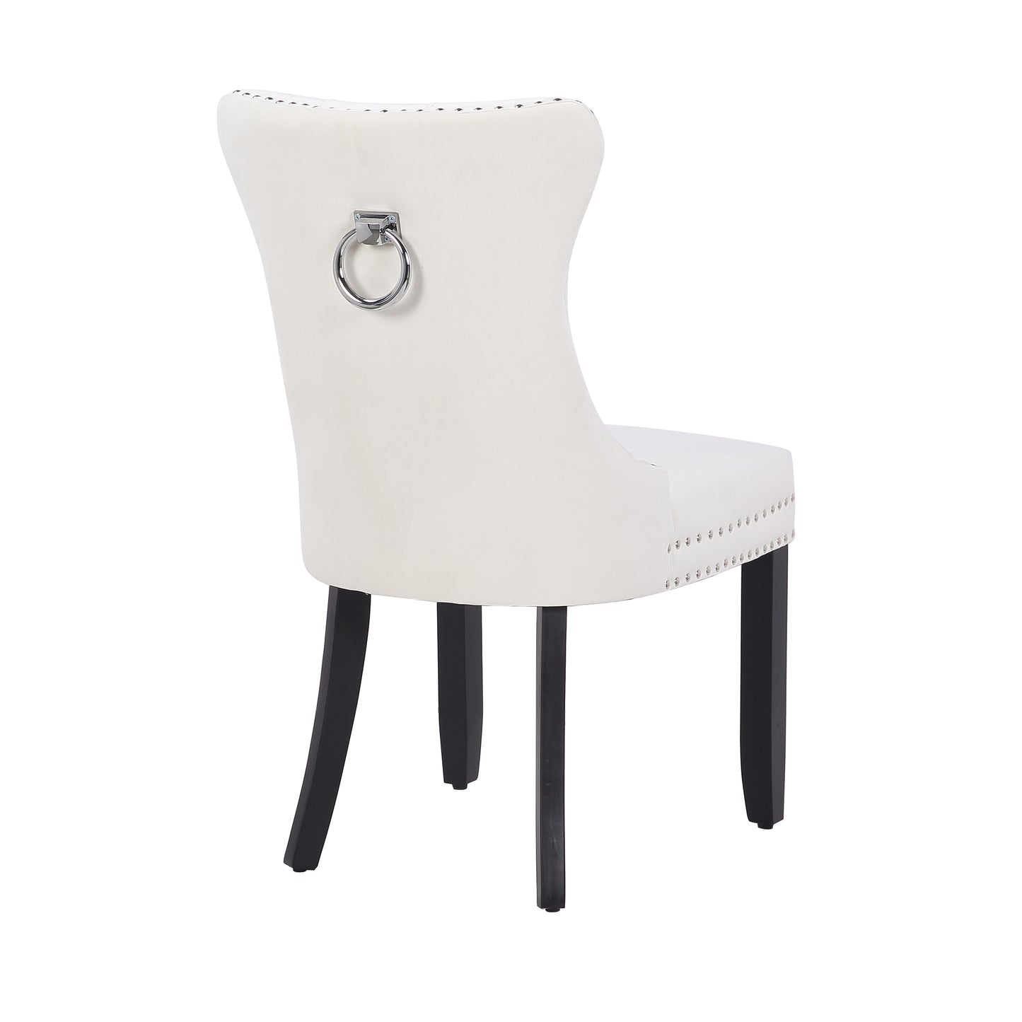 BTExpert White High Back Velvet Tufted Upholstered Dining Chairs, Solid Wood, Nail Trim, Ring Accent - Set of 2