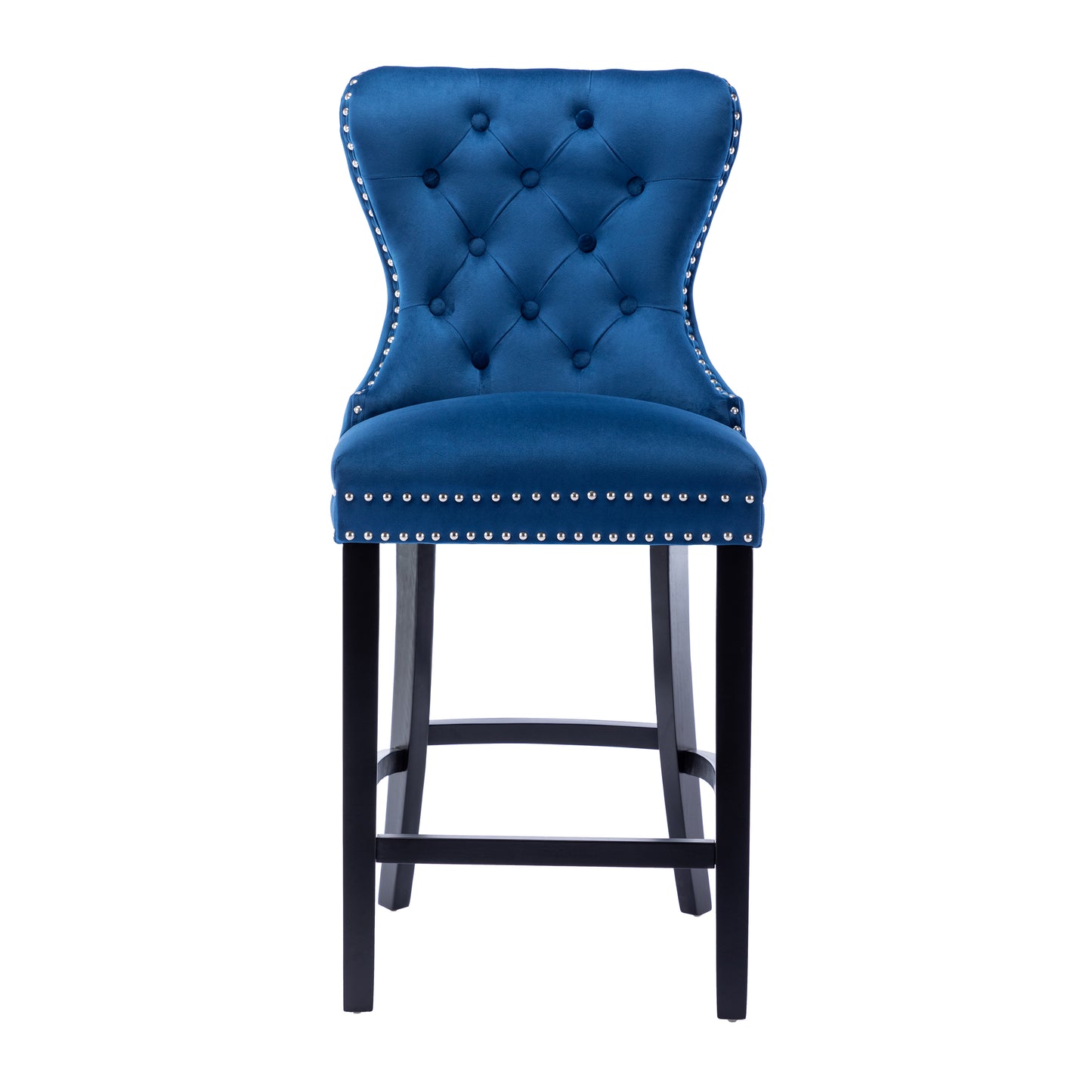 BTExpert Blue Velvet Farmhouse Bar Stools, 26" High Tufted Wingback, Wooden Legs Home Dining Room Island - Set of 2