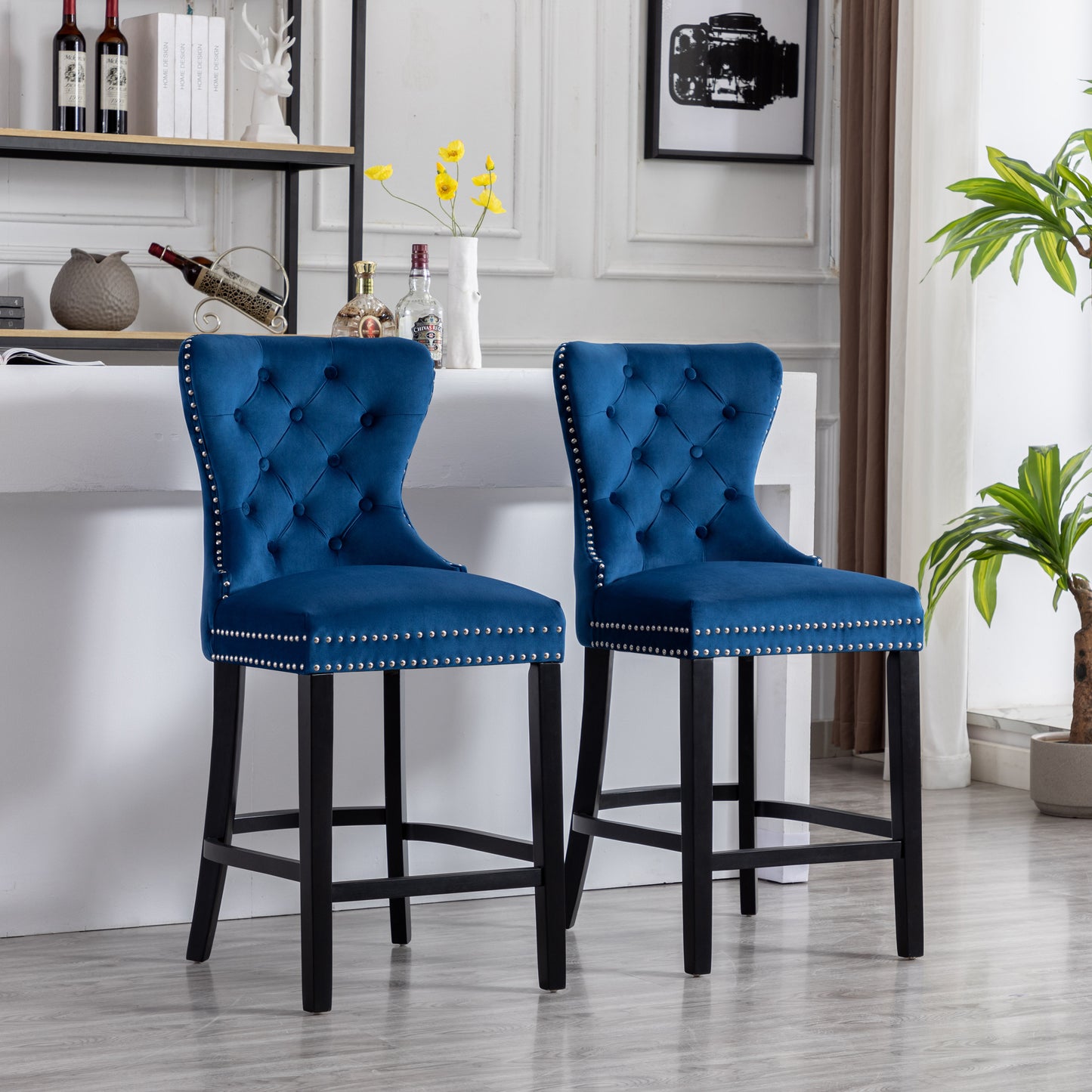 BTExpert Blue Velvet Farmhouse Bar Stools, 26" High Tufted Wingback, Wooden Legs Home Dining Room Island - Set of 2
