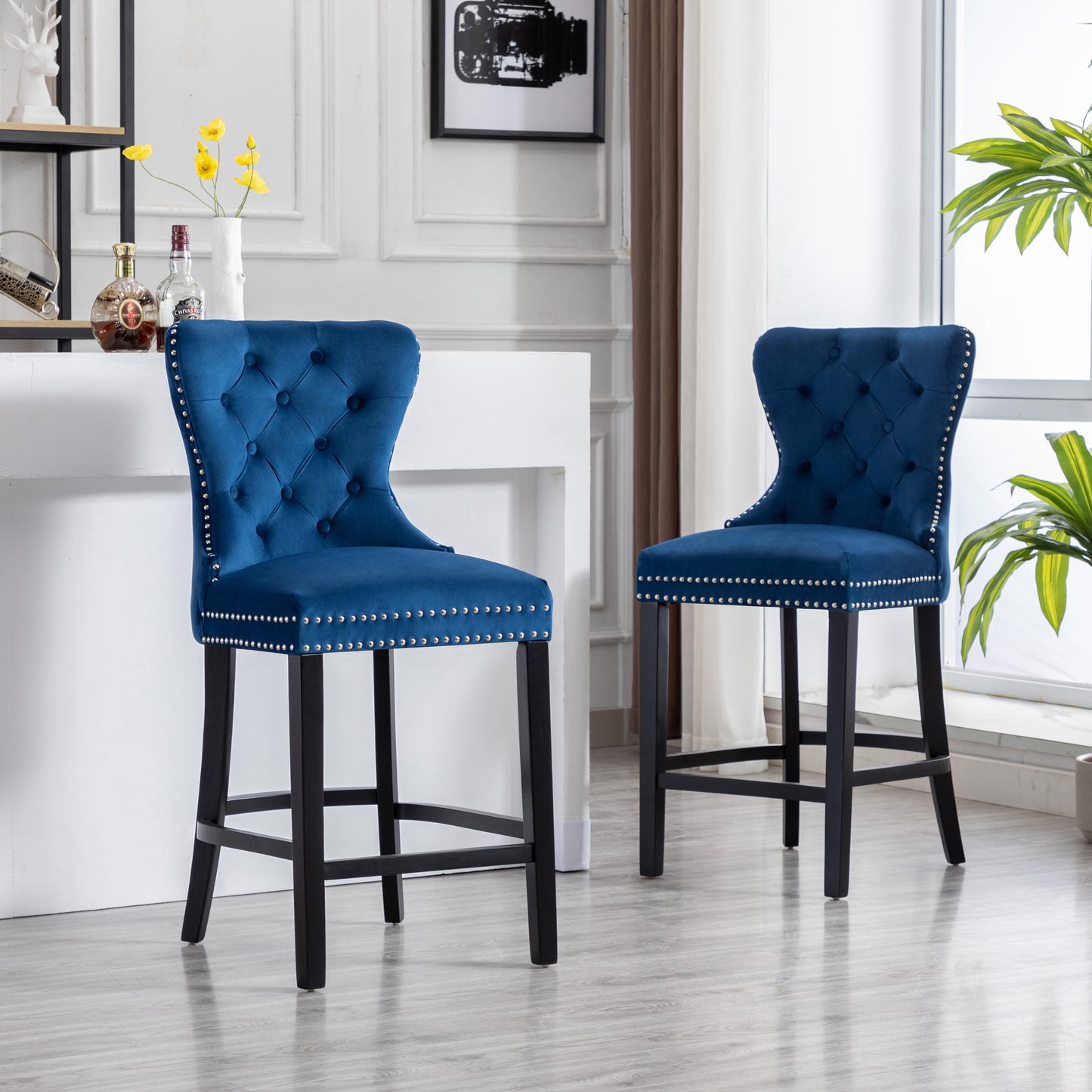 BTExpert Blue Velvet Farmhouse Bar Stools, 26" High Tufted Wingback, Wooden Legs Home Dining Room Island - Set of 2