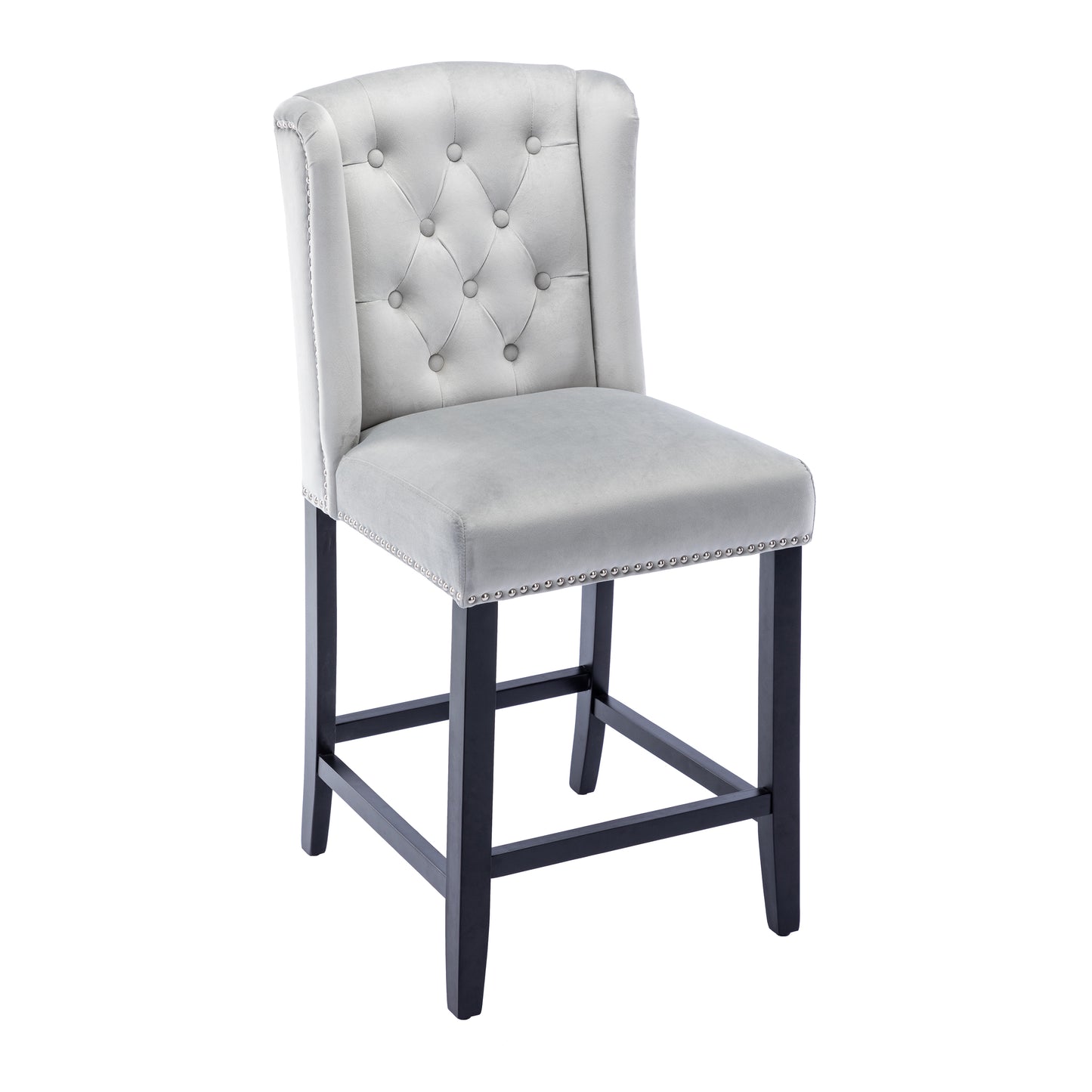 BTExpert Light Gray Velvet Victorian Wingback Bar Stools, 26" High, Diamond Tufting, Solid Wooden Legs - Set of 2