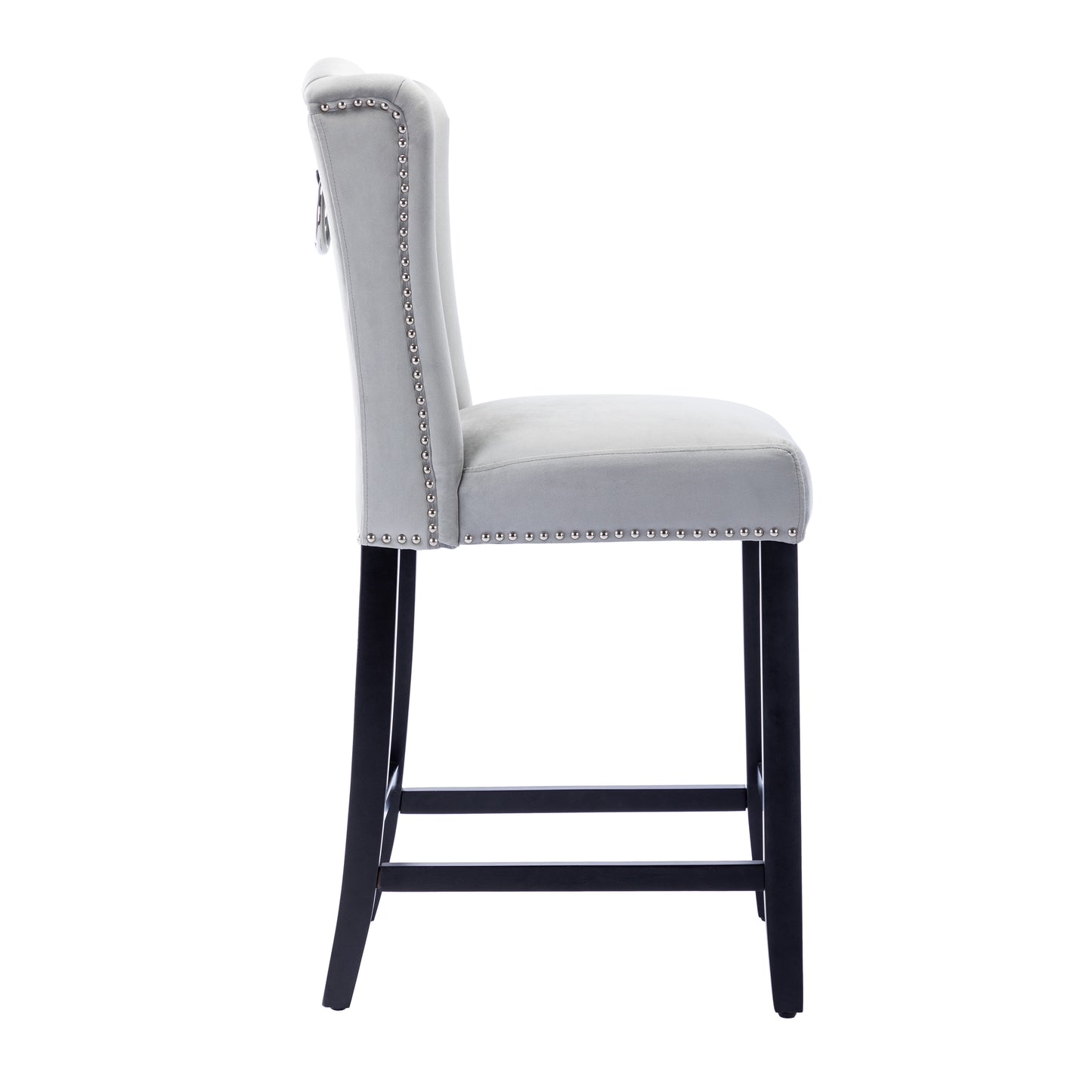 BTExpert Light Gray Velvet Victorian Wingback Bar Stools, 26" High, Diamond Tufting, Solid Wooden Legs - Set of 2
