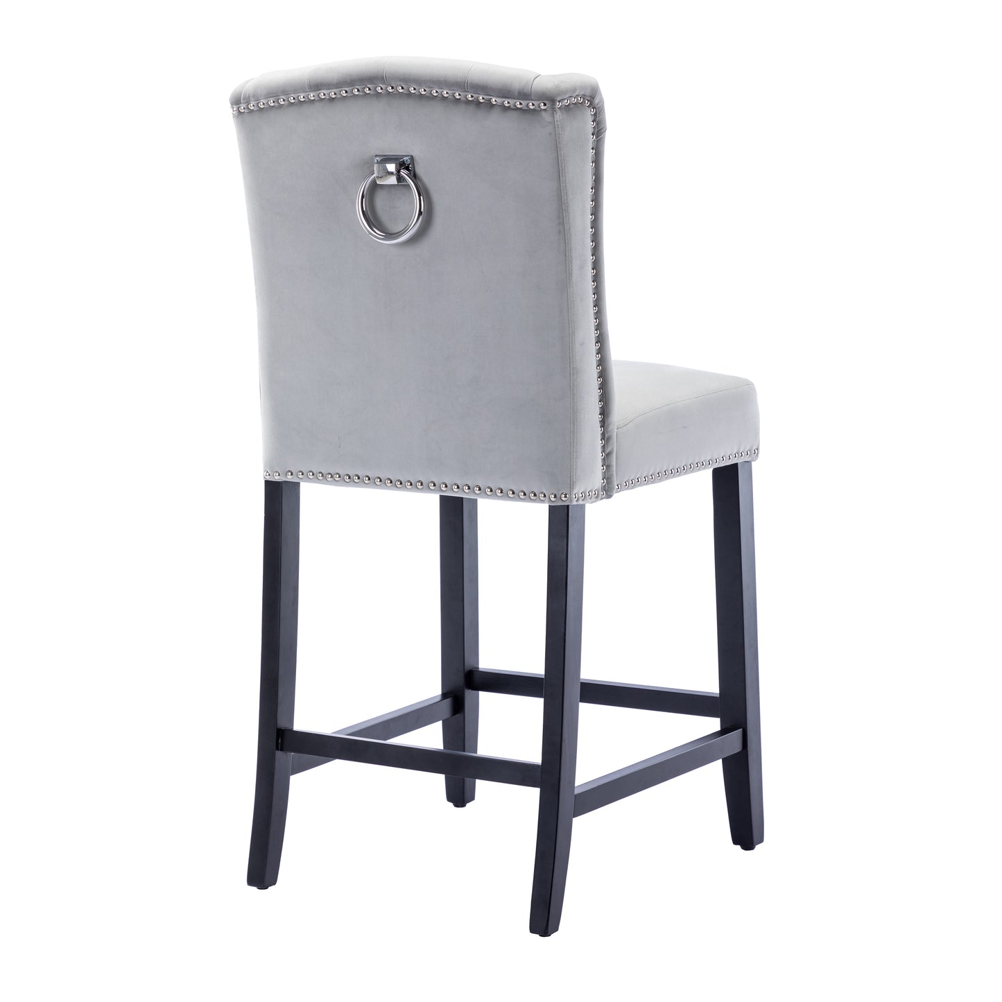 BTExpert Light Gray Velvet Victorian Wingback Bar Stools, 26" High, Diamond Tufting, Solid Wooden Legs - Set of 2