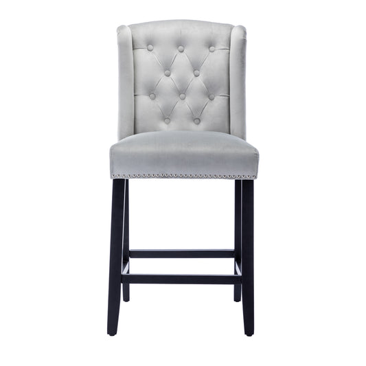 BTExpert Light Gray Velvet Victorian Wingback Bar Stools, 26" High, Diamond Tufting, Solid Wooden Legs - Set of 2