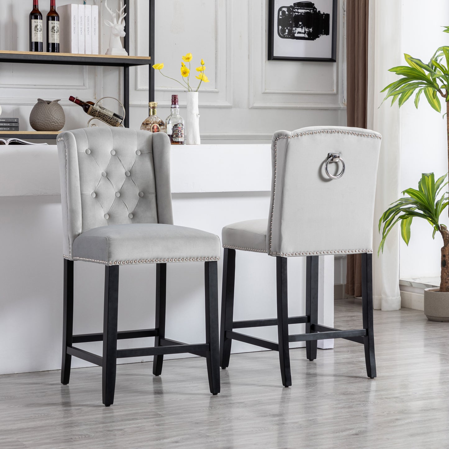 BTExpert Light Gray Velvet Victorian Wingback Bar Stools, 26" High, Diamond Tufting, Solid Wooden Legs - Set of 2