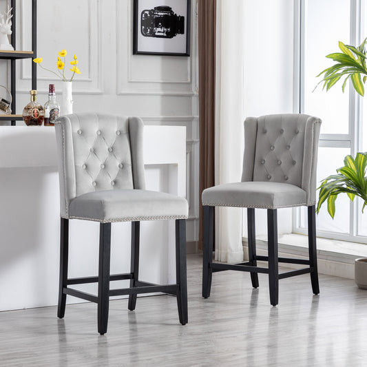 BTExpert Light Gray Velvet Victorian Wingback Bar Stools, 26" High, Diamond Tufting, Solid Wooden Legs - Set of 2