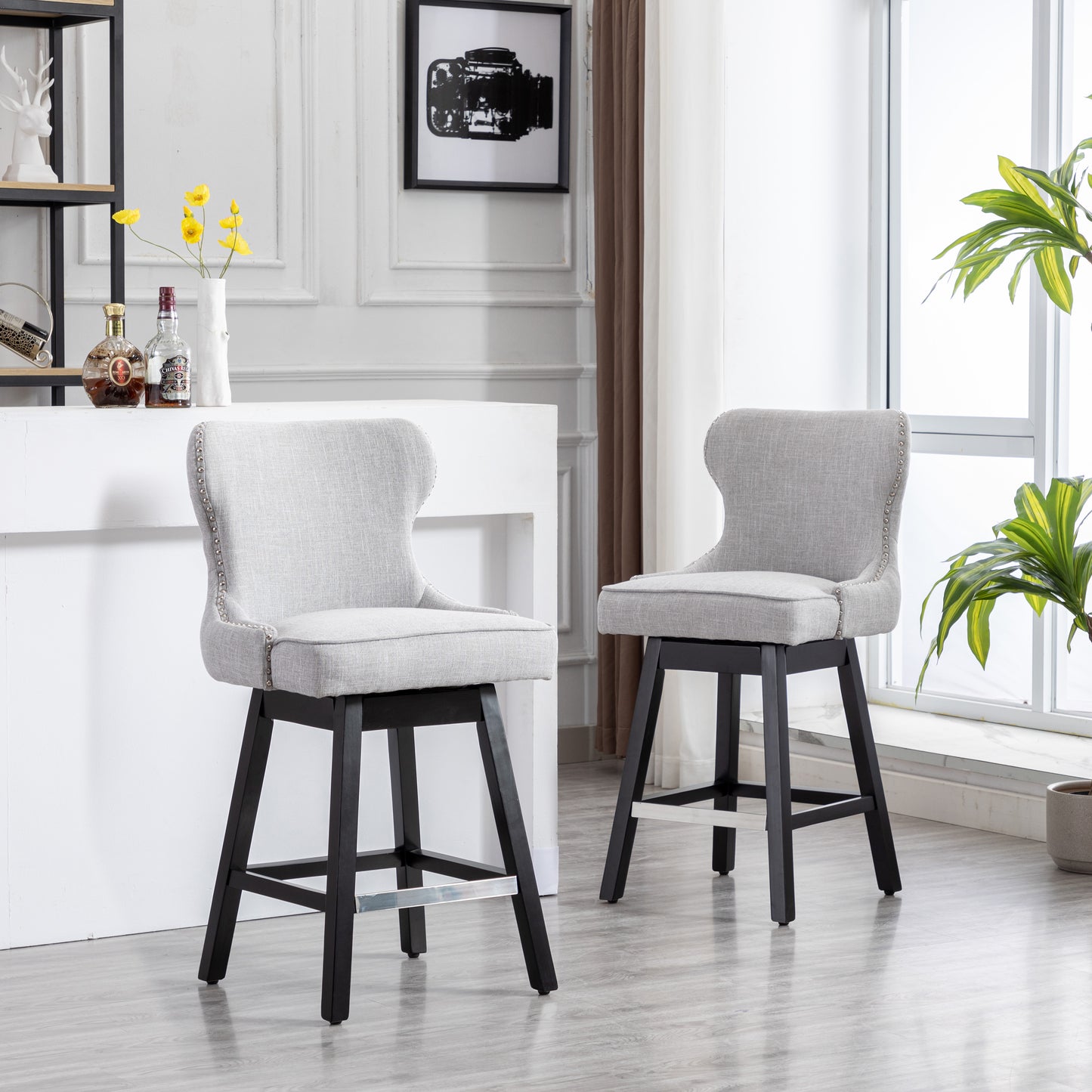 BTExpert Mid-Century Modern Linen Upholstered Swivel Barstools, 26" Counter Height - Set of 2