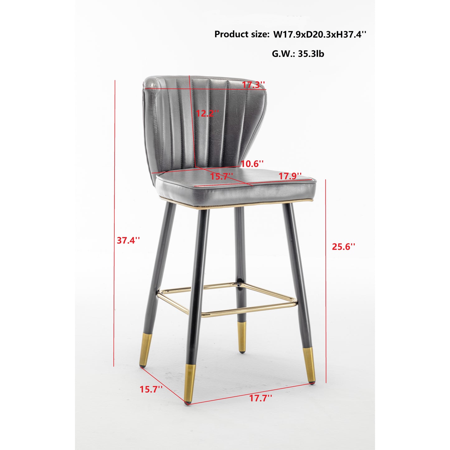 BTExpert 25" High Back Dining Bar Stools, Gray PU Leather Shellback with Gold Trim Feet - Set of 2