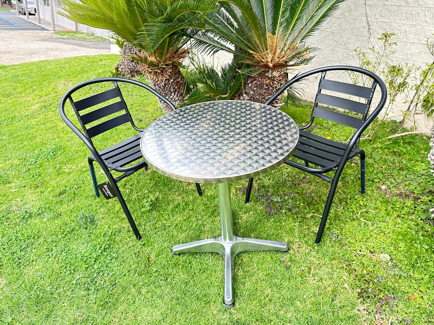 BTExpert 23.75" Round Steel Table + 2 Black Metal Slat Chairs, Indoor Outdoor Commercial Lightweight