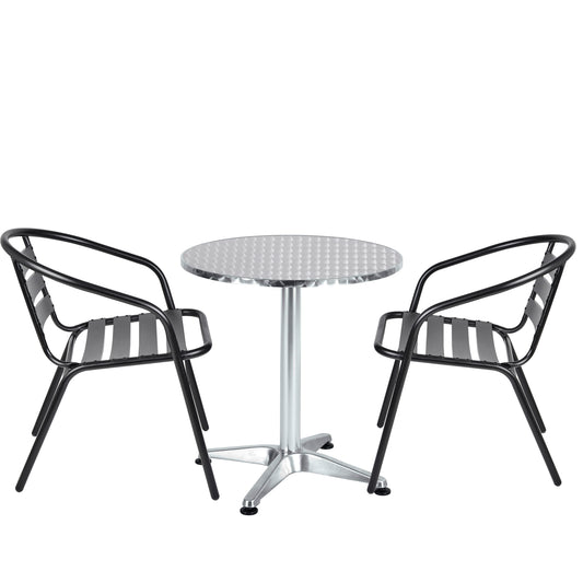 BTExpert 23.75" Round Steel Table + 2 Black Metal Slat Chairs, Indoor Outdoor Commercial Lightweight