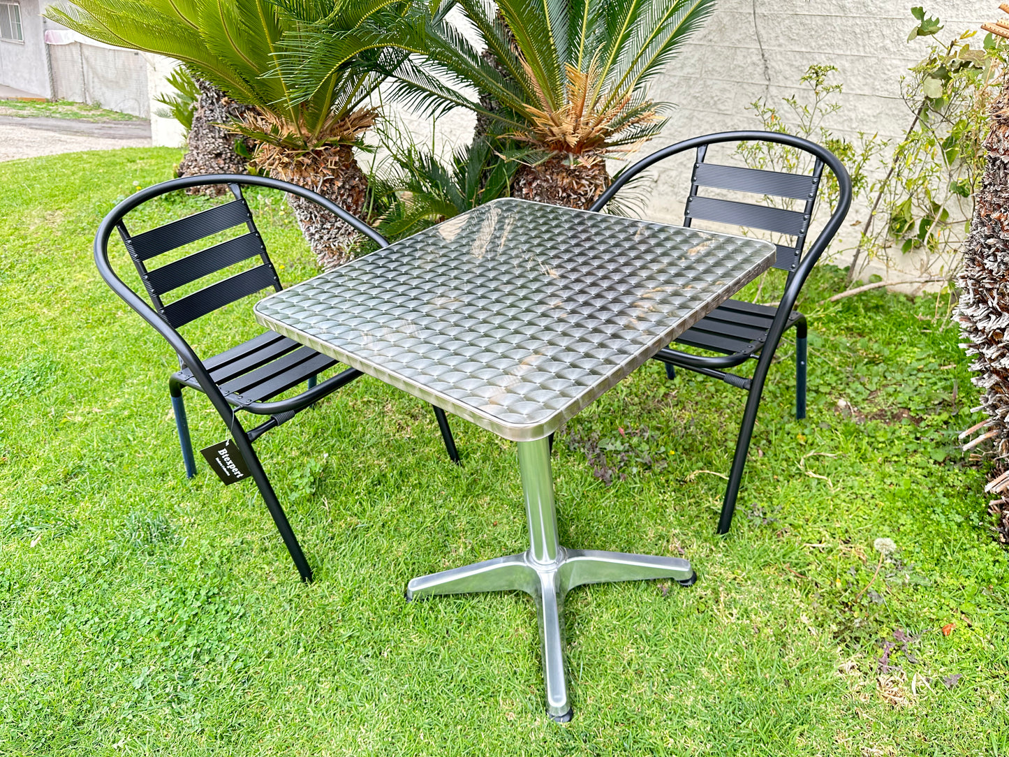 BTExpert 23.75" Square Steel Table + 2 Black Metal Slat Chairs Indoor Outdoor Commercial Lightweight