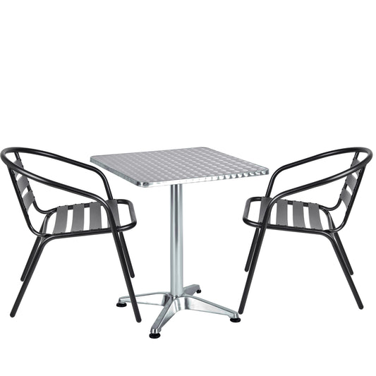 BTExpert 23.75" Square Steel Table + 2 Black Metal Slat Chairs Indoor Outdoor Commercial Lightweight