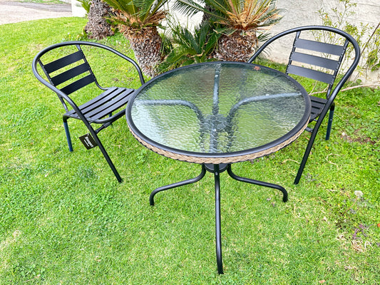 BTExpert 28" Round Glass Table w/ Brown Rattan Trim + 2 Black Metal Slat Chairs, Indoor Outdoor Lightweight