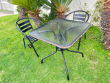 BTExpert 28" Square Glass Table w/ Brown Rattan Trim + 2 Black Metal Slat Chairs, Indoor Outdoor Lightweight
