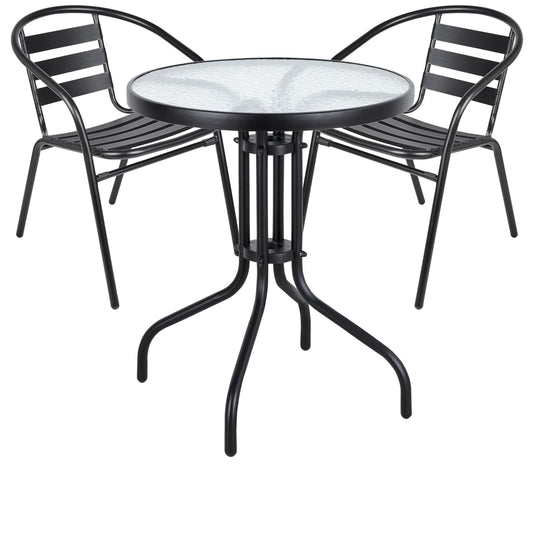 BTExpert Indoor Outdoor 23.75" Round Tempered Glass Table Black + 2 Black Metal Slat Stack Lightweight Chairs