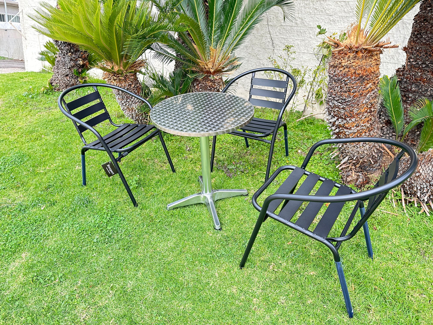 BTExpert 23.75" Round Steel Table + 3 Black Metal Slat Chairs, Indoor Outdoor Commercial Lightweight