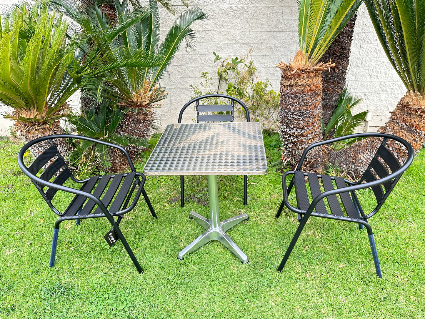 BTExpert 23.75" Square Steel Table + 3 Black Metal Slat Chairs Indoor Outdoor Commercial Lightweight