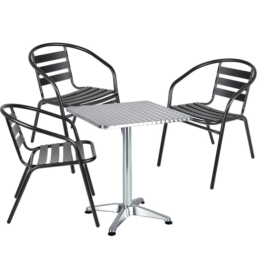 BTExpert 23.75" Square Steel Table + 3 Black Metal Slat Chairs Indoor Outdoor Commercial Lightweight