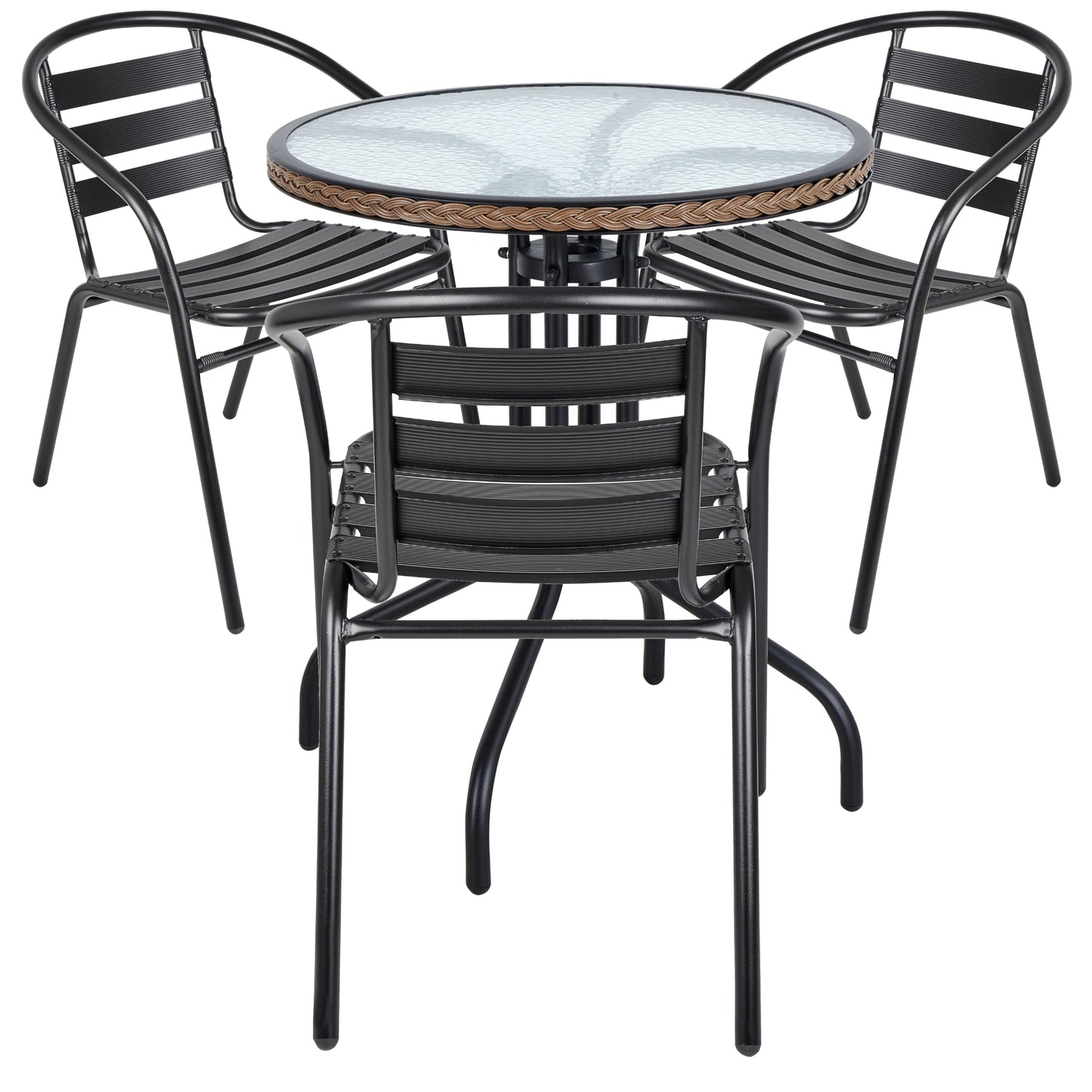 BTExpert 28" Round Glass Table w/ Brown Rattan Trim + 3 Black Metal Slat Chairs, Indoor Outdoor Lightweight