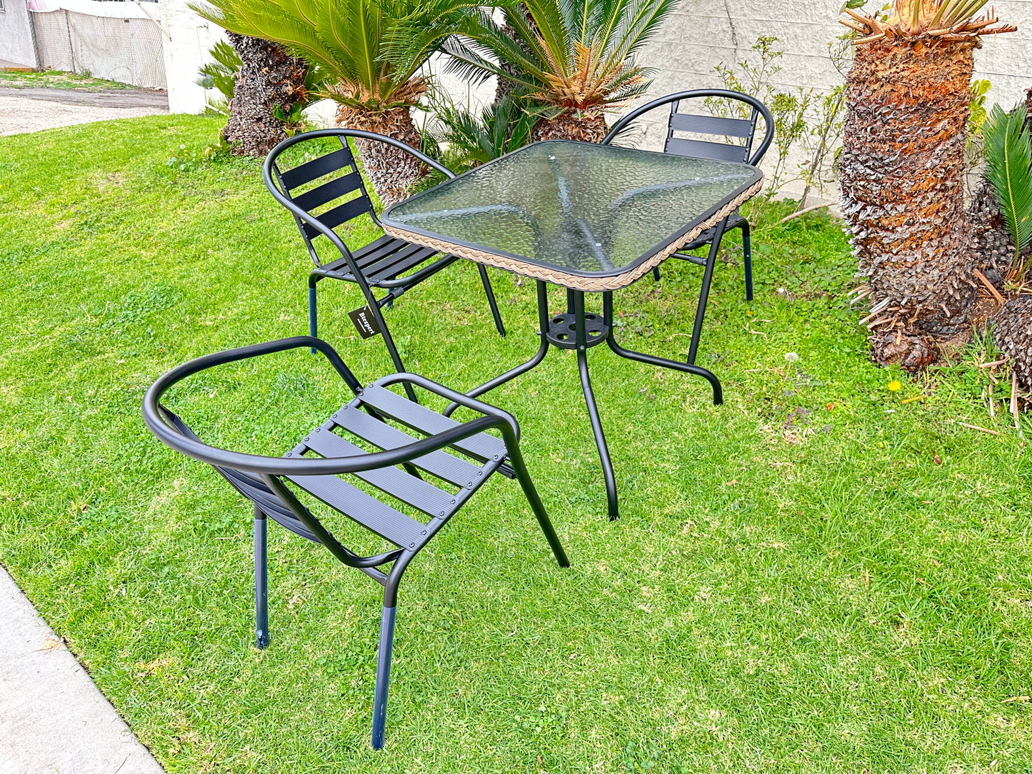 BTExpert 28" Square Glass Table w/ Brown Rattan Trim + 3 Black Metal Slat Chairs, Indoor Outdoor Lightweight