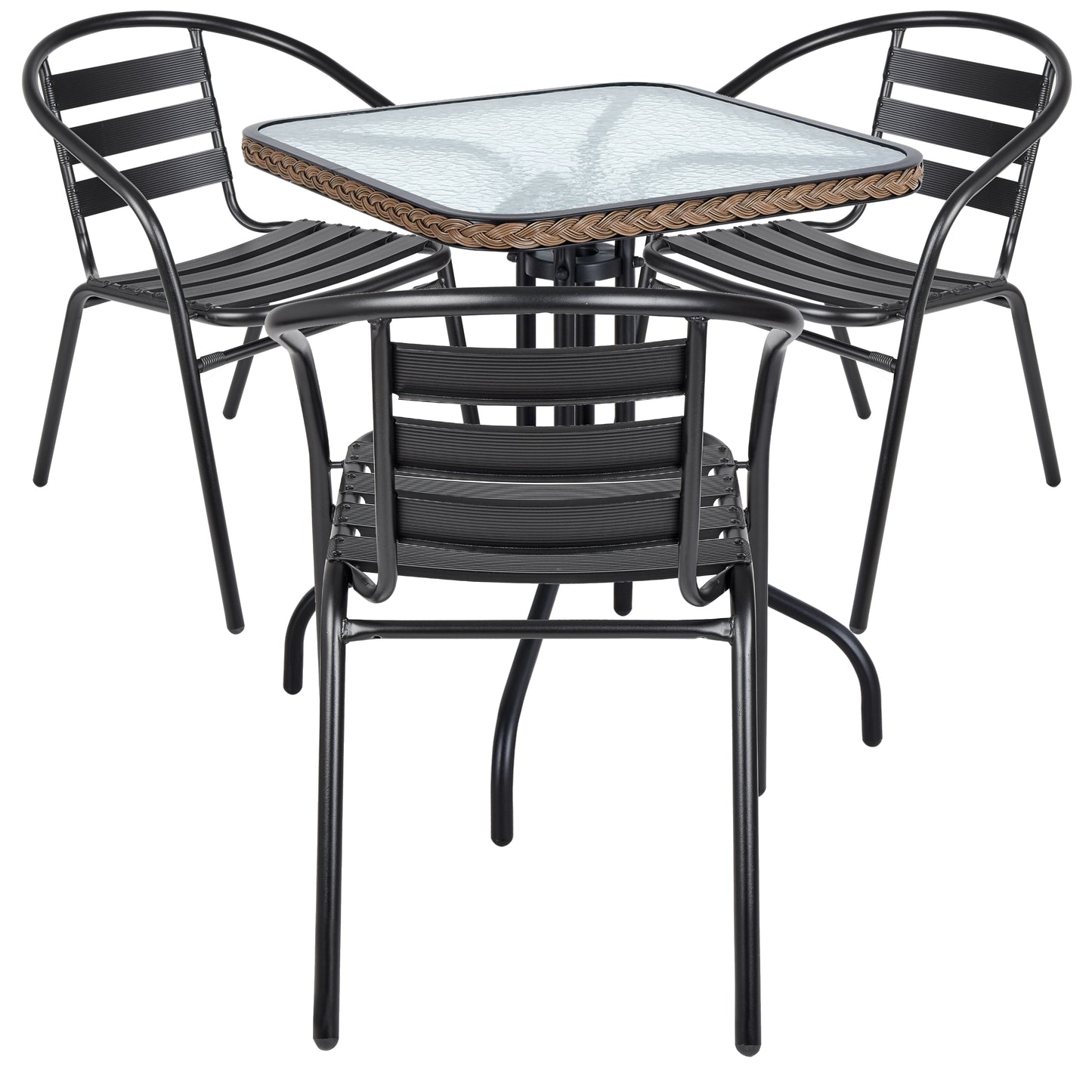 BTExpert 28" Square Glass Table w/ Brown Rattan Trim + 3 Black Metal Slat Chairs, Indoor Outdoor Lightweight