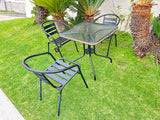 BTExpert 28" Square Glass Table w/ Brown Rattan Trim + 3 Black Metal Slat Chairs, Indoor Outdoor Lightweight