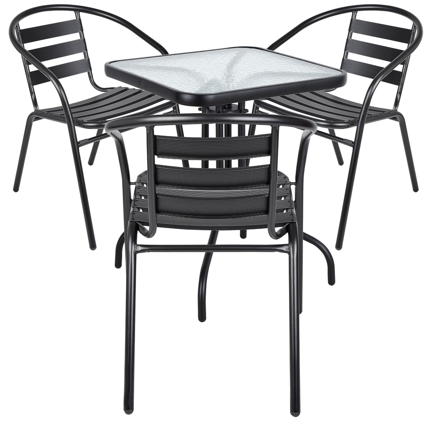 BTExpert 23.75" Square Black Glass Table with 3 Metal Slat Chairs, Indoor Outdoor, Lightweight