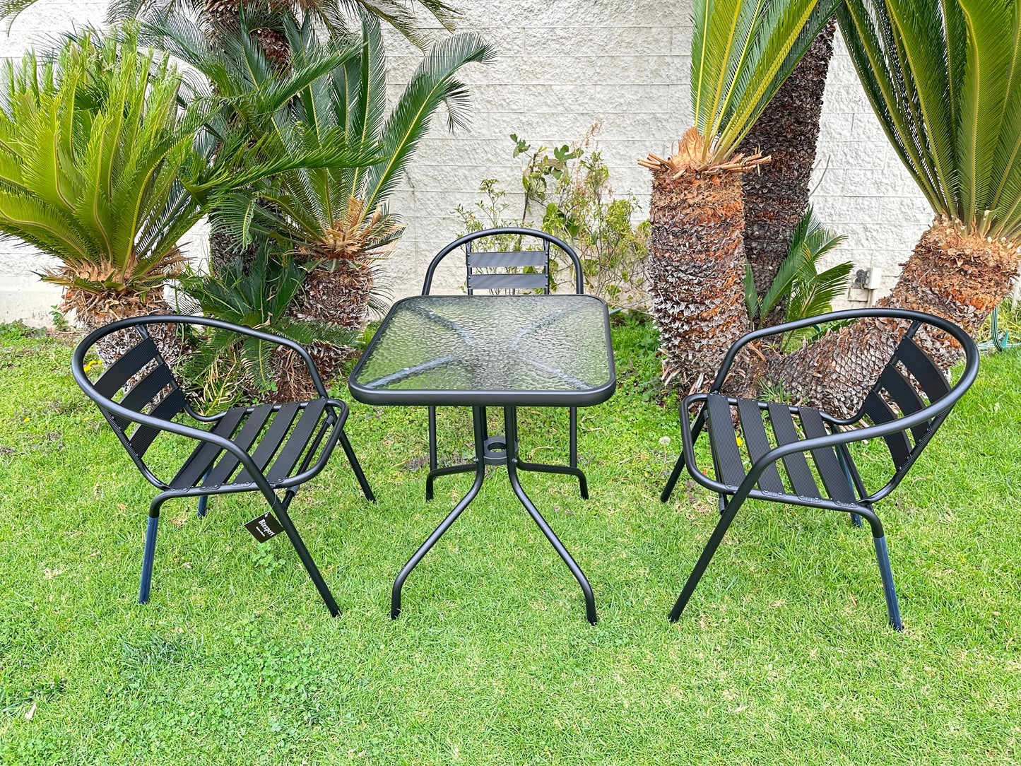BTExpert 23.75" Square Black Glass Table with 3 Metal Slat Chairs, Indoor Outdoor, Lightweight
