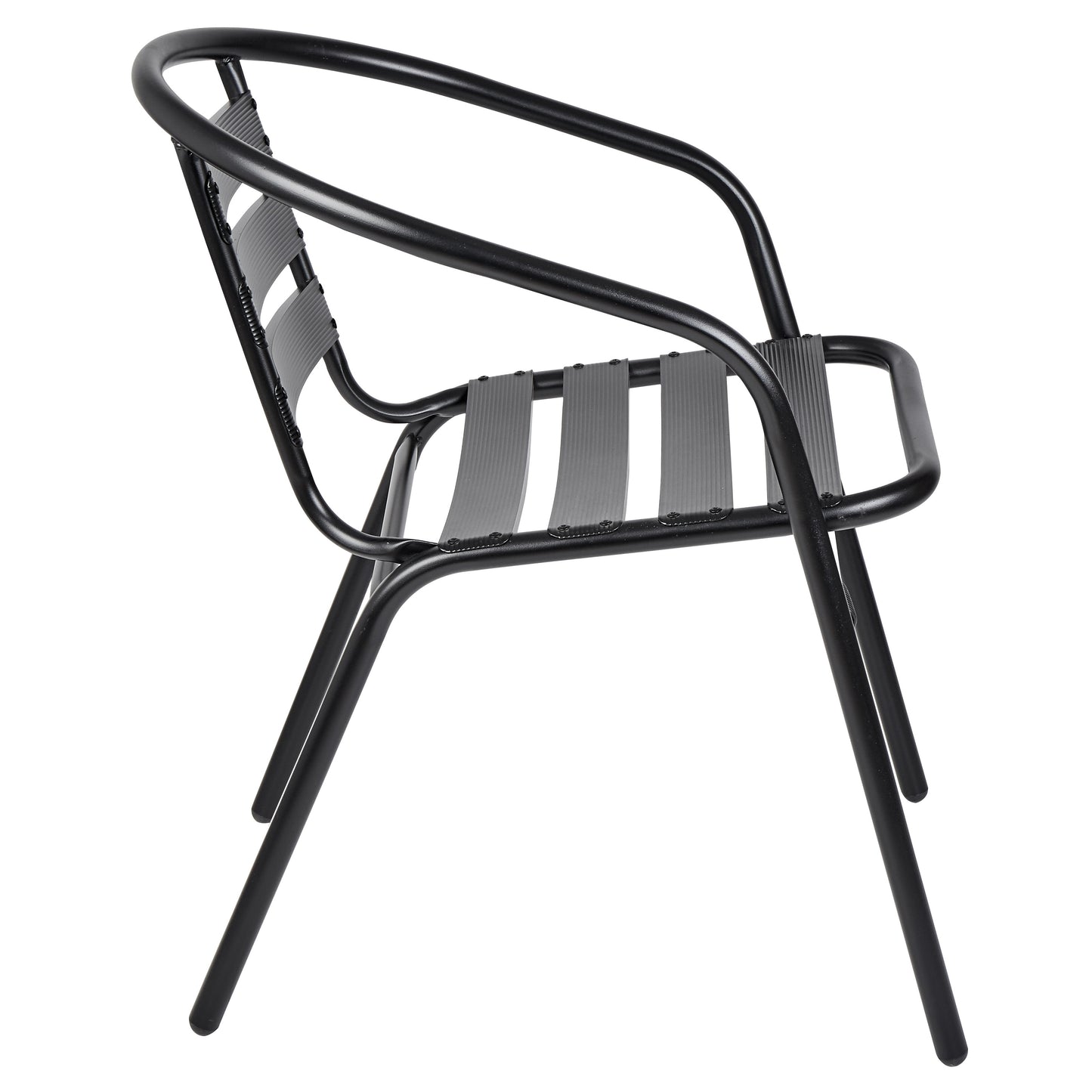 BTExpert 23.75" Round Steel Table + 2 Black Metal Slat Chairs, Indoor Outdoor Commercial Lightweight