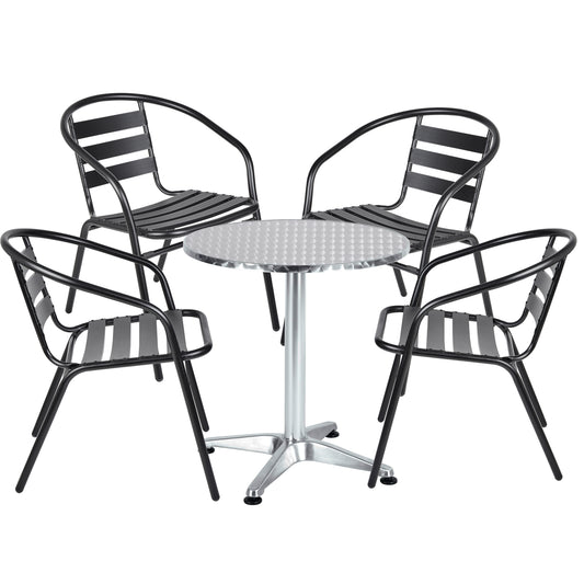 BTExpert Indoor Outdoor 23.75" Round Steel Table + 4 Black Metal Slat Chairs Lightweight
