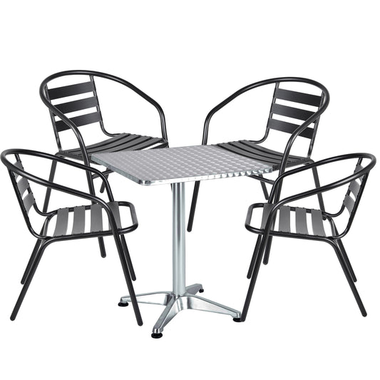 BTExpert Indoor Outdoor 23.75" Square Table Steel Silver Aluminum + Black Metal Slat Stack Chairs Commercial Lightweight