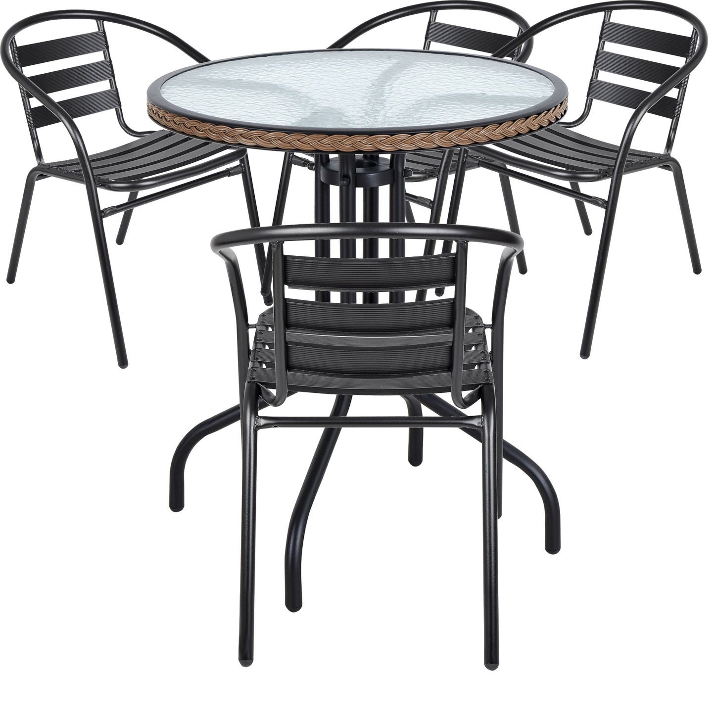BTExpert 28" Round Glass Table w/ Brown Rattan Trim + 4 Black Metal Slat Chairs, Indoor Outdoor Lightweight