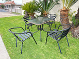 BTExpert 28" Square Glass Table w/ Brown Rattan Trim + 4 Black Metal Slat Chairs, Indoor Outdoor Lightweight