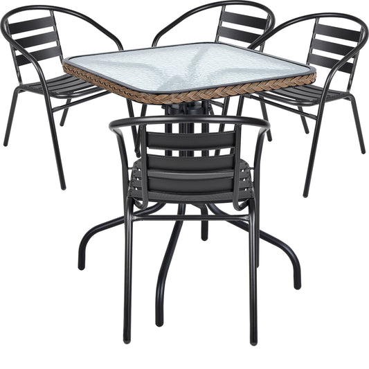 BTExpert 28" Square Glass Table w/ Brown Rattan Trim + 4 Black Metal Slat Chairs, Indoor Outdoor Lightweight