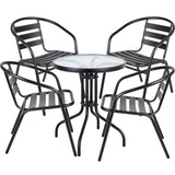 BTExpert 23.75" Round Glass Metal Table + 4 Black Metal Slat Stack Chairs, Indoor Outdoor Commercial Lightweight