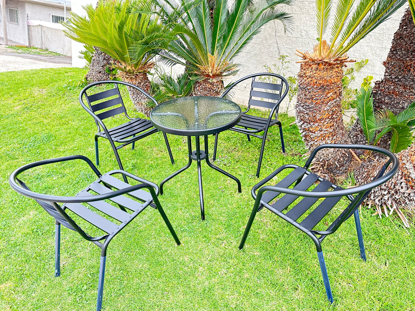 BTExpert 23.75" Round Glass Metal Table + 4 Black Metal Slat Stack Chairs, Indoor Outdoor Commercial Lightweight
