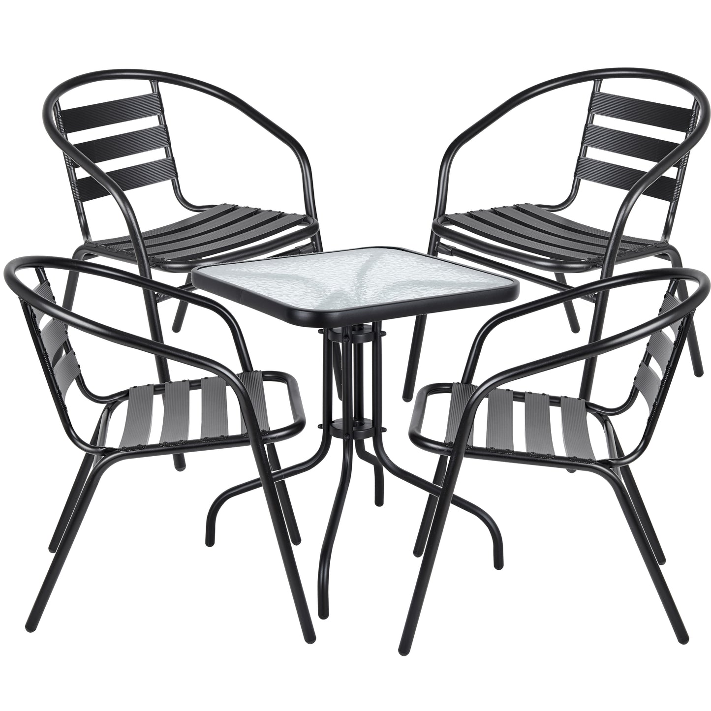 BTExpert 23.75" Square Glass Metal Table + 4 Black Metal Slat Stack Chairs, Indoor Outdoor Commercial Lightweight