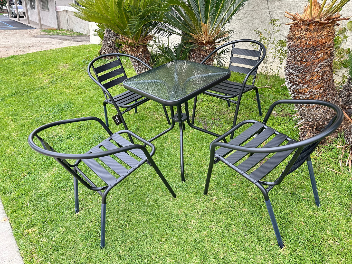 BTExpert 23.75" Square Glass Metal Table + 4 Black Metal Slat Stack Chairs, Indoor Outdoor Commercial Lightweight
