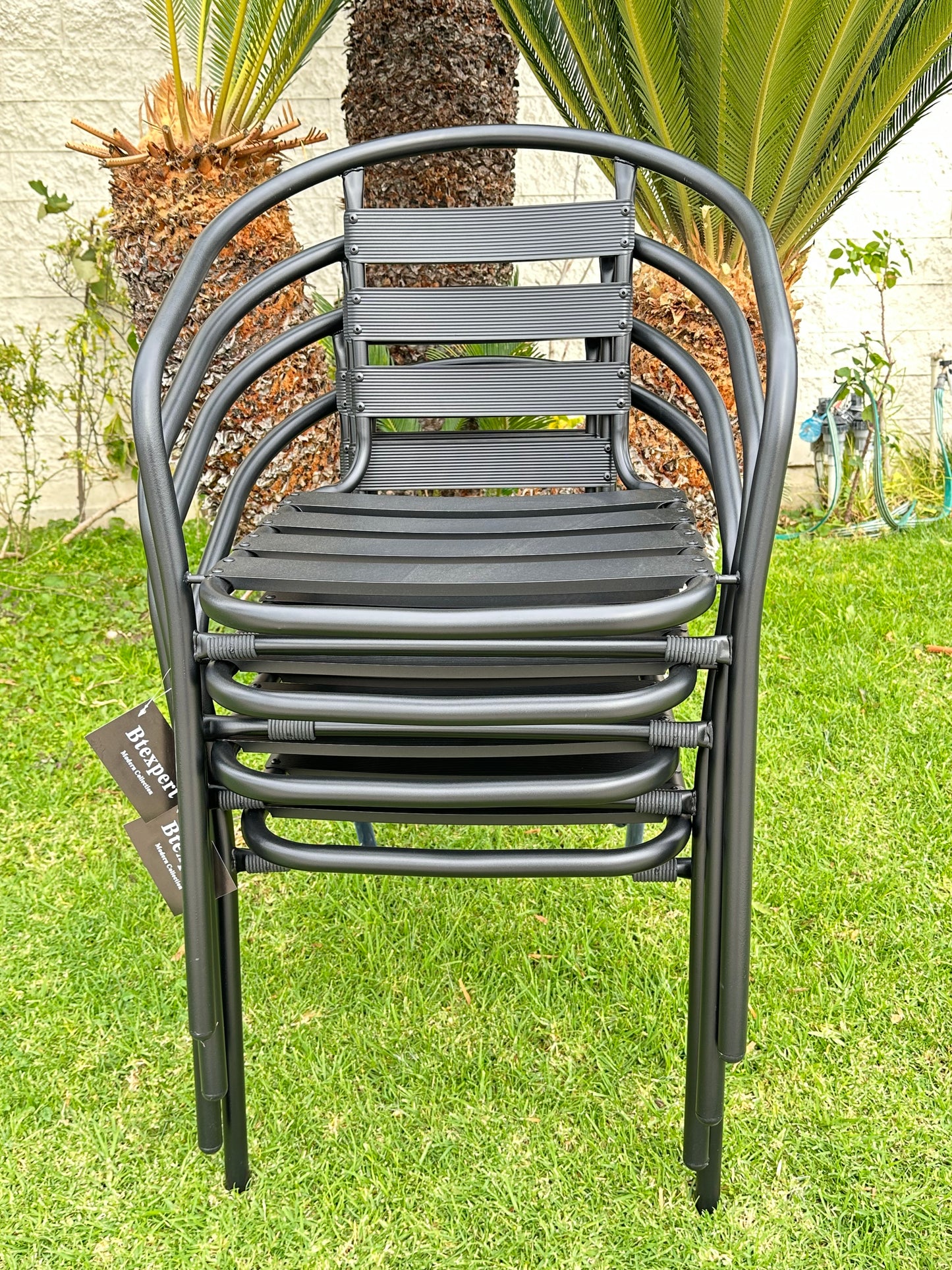 BTExpert 28" Square Glass Table w/ Brown Rattan Trim + 4 Black Metal Slat Chairs, Indoor Outdoor Lightweight