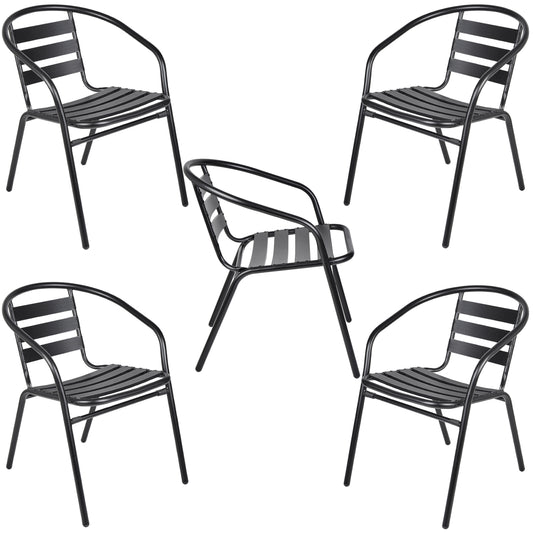 BTExpert Indoor Outdoor Black Restaurant Metal Aluminum Slat Stack Chairs Lightweight - Set of 5