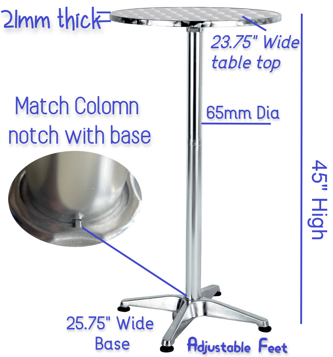 BTExpert Aluminum Indoor Outdoor 23.75" Round Restaurant Bar height 45" Table flip top, Patio Stainless Steel Silver Furniture 25.75" base