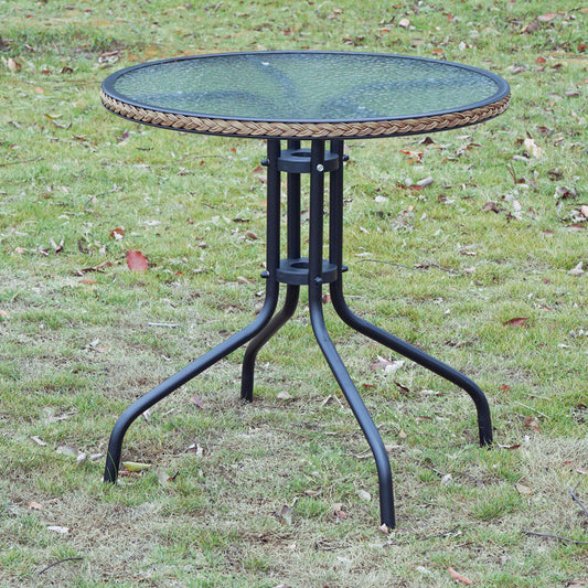 BTExpert Indoor Outdoor 28" Round Tempered Glass Table Brown Rattan Trim + 3 Brown Sling Stack Chairs